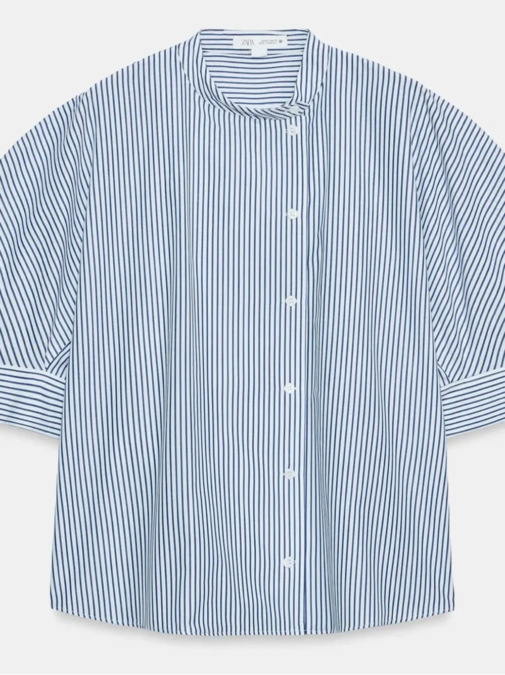 Zara White Shirt Navy Stripes, Puff Sleeves, Button-up Front Poplin M NWT